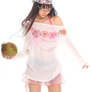 Hawaiian Floral Loose Sun Protection Cover-Up for Women - Sheer Long Sleeve Top for Summer Vacation Style