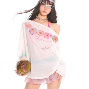 Hawaiian Floral Loose Sun Protection Cover-Up for Women - Sheer Long Sleeve Top for Summer Vacation Style