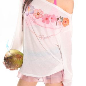 Hawaiian Floral Loose Sun Protection Cover-Up for Women - Sheer Long Sleeve Top for Summer Vacation Style