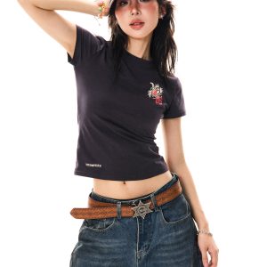 Heartbeat Cycle Letter Print Short Sleeve T-Shirt for Women - Summer Slim Fit Casual Top, Y2K Inspired Fashion