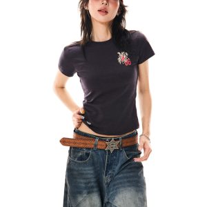 Heartbeat Cycle Letter Print Short Sleeve T-Shirt for Women - Summer Slim Fit Casual Top, Y2K Inspired Fashion