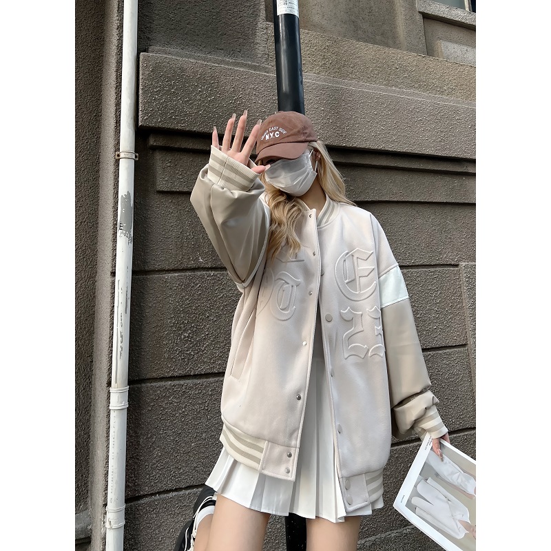 Heartbeat Signal Hip-Hop Letter Woolen Spliced Baseball Jacket for Men and Women - Loose Couples Outerwear, Y2K Style