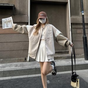 Heartbeat Signal Hip-Hop Letter Woolen Spliced Baseball Jacket for Men and Women - Loose Couples Outerwear, Y2K Style