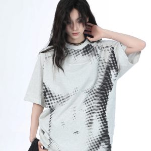 Heavy-Duty American-Style Gray Short Sleeve T-Shirt for Women - "Sit and Eat Until the Mountains Are Empty" - Casual Loose Fit