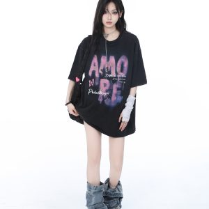 Heavy-Duty Washed Cotton Short-Sleeve T-Shirt for Women - American Trendy Summer Loose Fit, INS Style, Casual Mountain Print