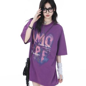 Heavy-Duty Washed Cotton Short-Sleeve T-Shirt for Women - American Trendy Summer Loose Fit, INS Style, Casual Mountain Print