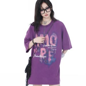 Heavy-Duty Washed Cotton Short-Sleeve T-Shirt for Women - American Trendy Summer Loose Fit, INS Style, Casual Mountain Print