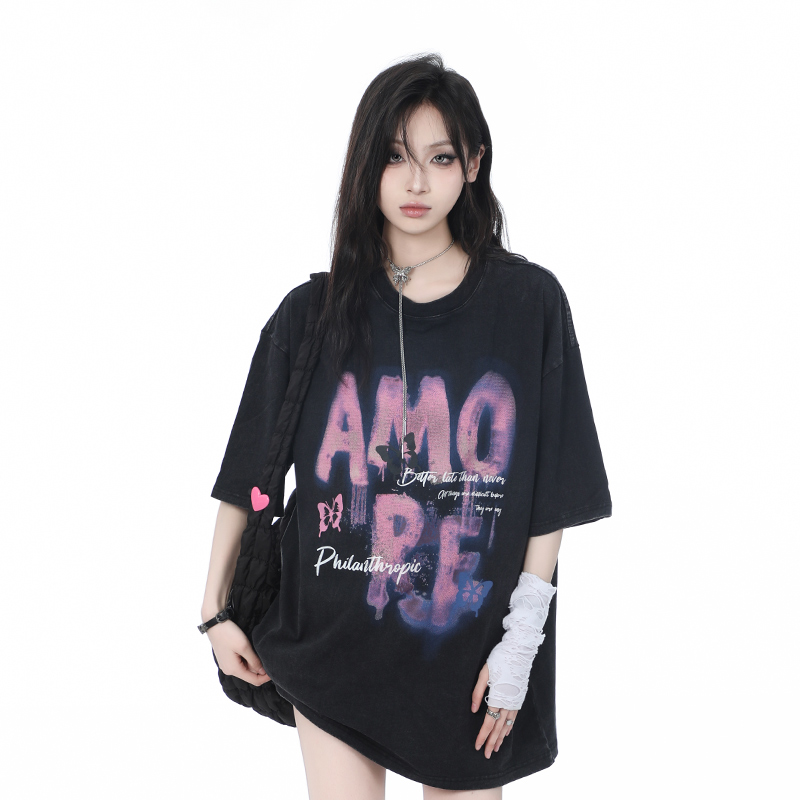 Heavy-Duty Washed Cotton Short-Sleeve T-Shirt for Women - American Trendy Summer Loose Fit, INS Style, Casual Mountain Print