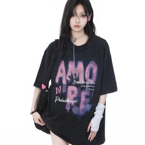 Heavy-Duty Washed Cotton Short-Sleeve T-Shirt for Women - American Trendy Summer Loose Fit, INS Style, Casual Mountain Print