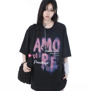 Heavy-Duty Washed Cotton Short-Sleeve T-Shirt for Women - American Trendy Summer Loose Fit, INS Style, Casual Mountain Print