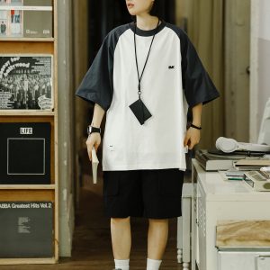 Heavyweight 280g Patchwork Retro T-Shirt for Men, Raglan Sleeve Loose Japanese Style Short Sleeve Top, Summer Trend 90s Fashion