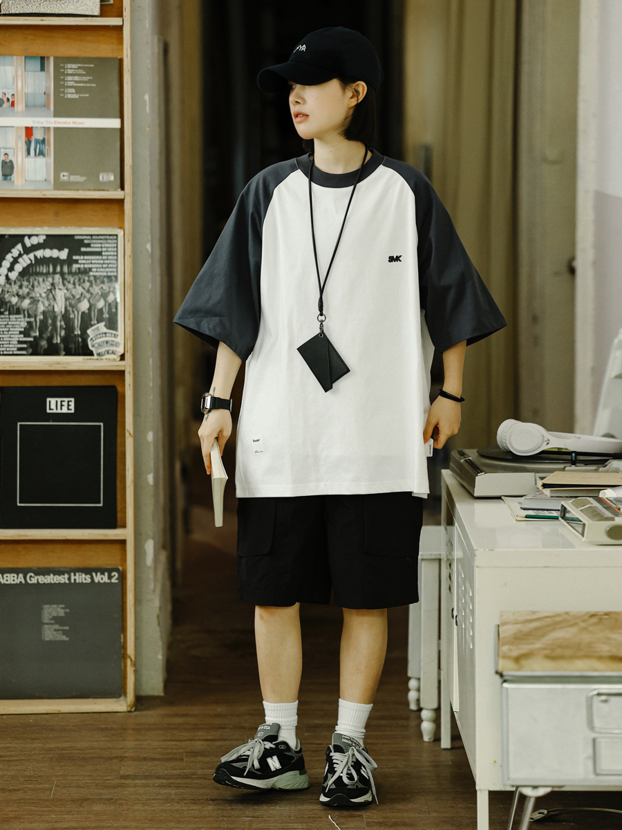 Heavyweight 280g Patchwork Retro T-Shirt for Men, Raglan Sleeve Loose Japanese Style Short Sleeve Top, Summer Trend 90s Fashion Heavyweight 280g Patchwork Retro T-Shirt for Men, Raglan Sleeve Loose Japanese Style Short Sleeve Top, Summer Trend 90s Fashion