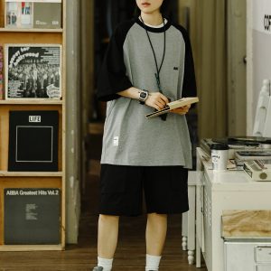 Heavyweight 280g Patchwork Retro T-Shirt for Men, Raglan Sleeve Loose Japanese Style Short Sleeve Top, Summer Trend 90s Fashion