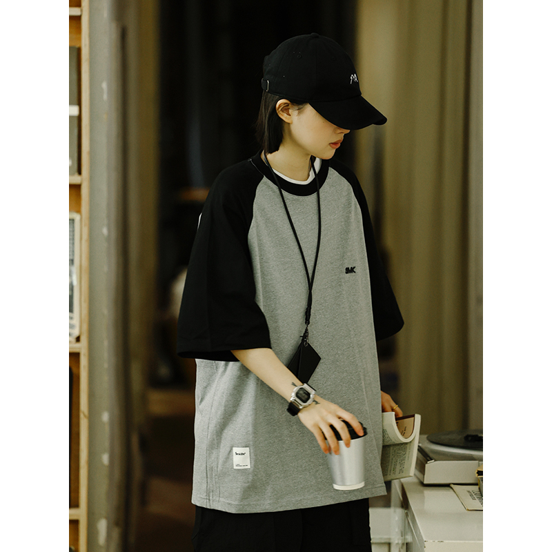 Heavyweight 280g Patchwork Retro T-Shirt for Men, Raglan Sleeve Loose Japanese Style Short Sleeve Top, Summer Trend 90s Fashion