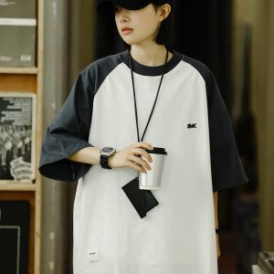 Heavyweight 280g Patchwork Retro T-Shirt for Men, Raglan Sleeve Loose Japanese Style Short Sleeve Top, Summer Trend 90s Fashion