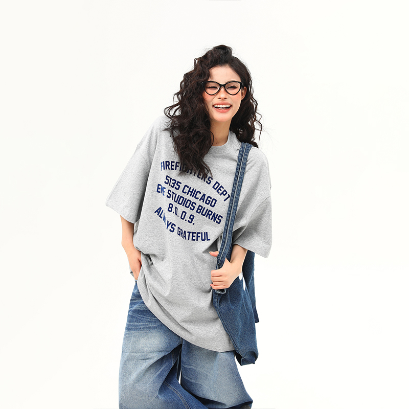 Heavyweight American Vintage Flocked Letter Short Sleeve T-Shirt for Women - Loose Fit, Versatile Summer Tee, 90s Inspired Fashion