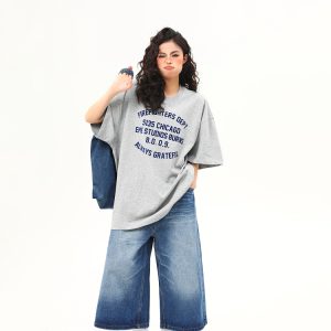 Heavyweight American Vintage Flocked Letter Short Sleeve T-Shirt for Women - Loose Fit, Versatile Summer Tee, 90s Inspired Fashion