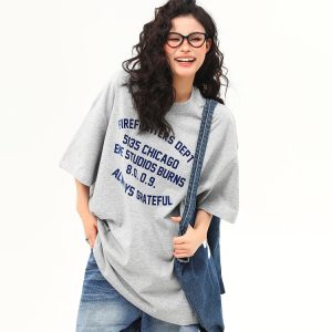 Heavyweight American Vintage Flocked Letter Short Sleeve T-Shirt for Women - Loose Fit, Versatile Summer Tee, 90s Inspired Fashion