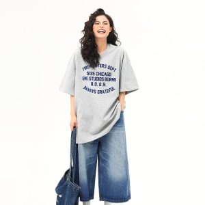 Heavyweight American Vintage Flocked Letter Short Sleeve T-Shirt for Women - Loose Fit, Versatile Summer Tee, 90s Inspired Fashion