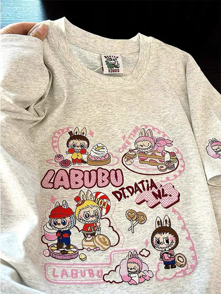 Heavyweight Embroidered Cartoon T-Shirt for Women - Cute Short Sleeve Summer Top in Gray - Age-Reducing Pure Cotton, 2025 Fashion Heavyweight Embroidered Cartoon T-Shirt for Women - Cute Short Sleeve Summer Top in Gray - Age-Reducing Pure Cotton, 2025 Fashion