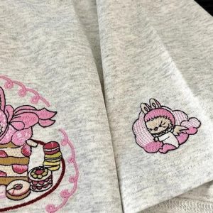 Heavyweight Embroidered Cartoon T-Shirt for Women - Cute Short Sleeve Summer Top in Gray - Age-Reducing Pure Cotton, 2025 Fashion