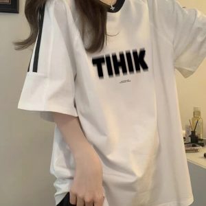 Heavyweight Pure Cotton White Short-Sleeve T-Shirt for Girls with Three Stripes and Spliced Design - Summer Raglan Top for Juniors