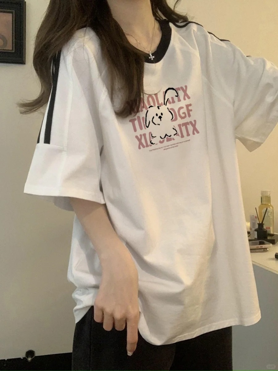 Heavyweight Pure Cotton White Short-Sleeve T-Shirt for Girls with Three Stripes and Spliced Design - Summer Raglan Top for Juniors Heavyweight Pure Cotton White Short-Sleeve T-Shirt for Girls with Three Stripes and Spliced Design - Summer Raglan Top for Juniors