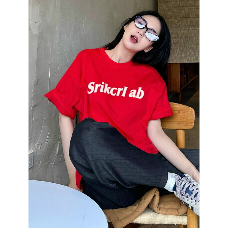 Heavyweight Red Letter Print T-Shirt for Women, Summer New Arrival, Short Sleeve Loose-Fitting Cotton Top, American Style Fashion