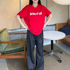 Heavyweight Red Letter Print T-Shirt for Women, Summer New Arrival, Short Sleeve Loose-Fitting Cotton Top, American Style Fashion