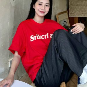 Heavyweight Red Letter Print T-Shirt for Women, Summer New Arrival, Short Sleeve Loose-Fitting Cotton Top, American Style Fashion