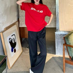 Heavyweight Red Letter Print T-Shirt for Women, Summer New Arrival, Short Sleeve Loose-Fitting Cotton Top, American Style Fashion