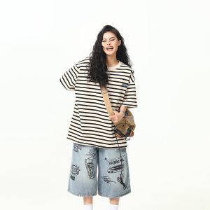 Heavyweight Striped Short Sleeve T-Shirt for Men and Women, Vintage 90s Loose Fit Couple Top, Versatile Casual Wear