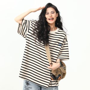 Heavyweight Striped Short Sleeve T-Shirt for Men and Women, Vintage 90s Loose Fit Couple Top, Versatile Casual Wear