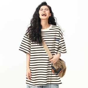 Heavyweight Striped Short Sleeve T-Shirt for Men and Women, Vintage 90s Loose Fit Couple Top, Versatile Casual Wear