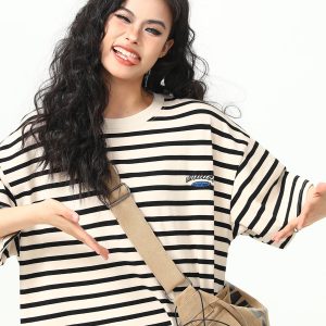 Heavyweight Striped Short Sleeve T-Shirt for Men and Women, Vintage 90s Loose Fit Couple Top, Versatile Casual Wear