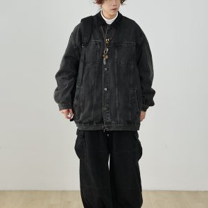 Heavyweight Vintage Japanese Denim Pants for Men | Loose Fit Elastic Waist Workwear Trousers | Casual Spring Autumn Style