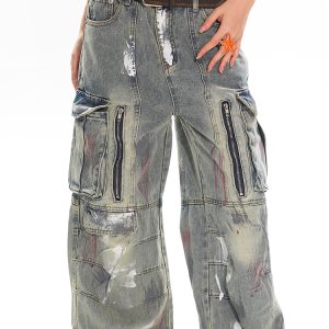 Heavyweight Water-Washed Vintage Multi-Pocket Straight-Leg Work Pants for Women - Summer Graffiti Loose Slimming Style