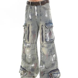Heavyweight Water-Washed Vintage Multi-Pocket Straight-Leg Work Pants for Women - Summer Graffiti Loose Slimming Style