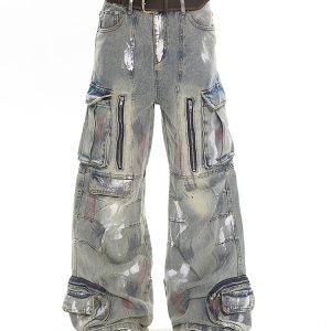 Heavyweight Water-Washed Vintage Multi-Pocket Straight-Leg Work Pants for Women - Summer Graffiti Loose Slimming Style