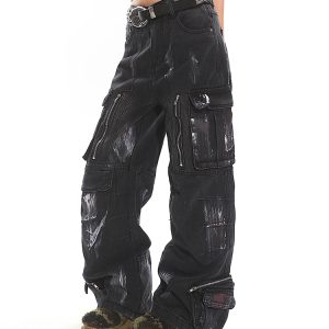 Heavyweight Water-Washed Vintage Multi-Pocket Straight-Leg Work Pants for Women - Summer Graffiti Loose Slimming Style