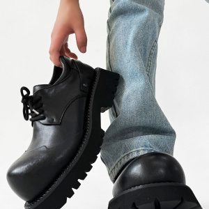 Height-Increasing Black Genuine Leather Derby Shoes for Men & Women, Thick-Soled Pointed-Toe Dress Shoes, Mickey Mouse Design