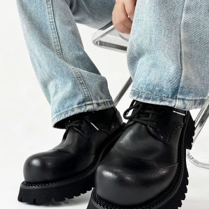 Height-Increasing Black Genuine Leather Derby Shoes for Men & Women, Thick-Soled Pointed-Toe Dress Shoes, Mickey Mouse Design