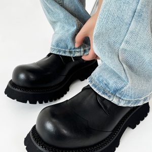 Height-Increasing Black Genuine Leather Derby Shoes for Men & Women, Thick-Soled Pointed-Toe Dress Shoes, Mickey Mouse Design