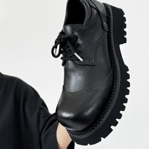 Height-Increasing Black Genuine Leather Derby Shoes for Men & Women, Thick-Soled Pointed-Toe Dress Shoes, Mickey Mouse Design