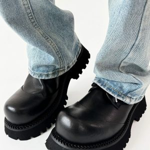 Height-Increasing Black Genuine Leather Derby Shoes for Men & Women, Thick-Soled Pointed-Toe Dress Shoes, Mickey Mouse Design