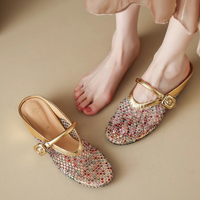 Height-Increasing Slippers with Colorful Rhinestones, Hollow Mesh, Breathable Sandals - Stylish 3.5cm Platform Footwear