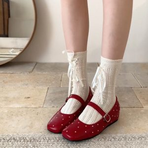 Height-Increasing Square-Toed Red Sheepskin Flats with Rivets - Retro One-Strap Ballet Mary Jane Shoes for Stylish Comfort