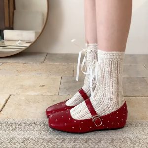 Height-Increasing Square-Toed Red Sheepskin Flats with Rivets - Retro One-Strap Ballet Mary Jane Shoes for Stylish Comfort