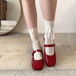 Height-Increasing Square-Toed Red Sheepskin Flats with Rivets - Retro One-Strap Ballet Mary Jane Shoes for Stylish Comfort
