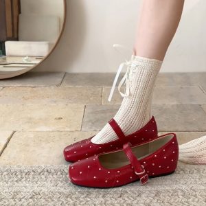 Height-Increasing Square-Toed Red Sheepskin Flats with Rivets - Retro One-Strap Ballet Mary Jane Shoes for Stylish Comfort